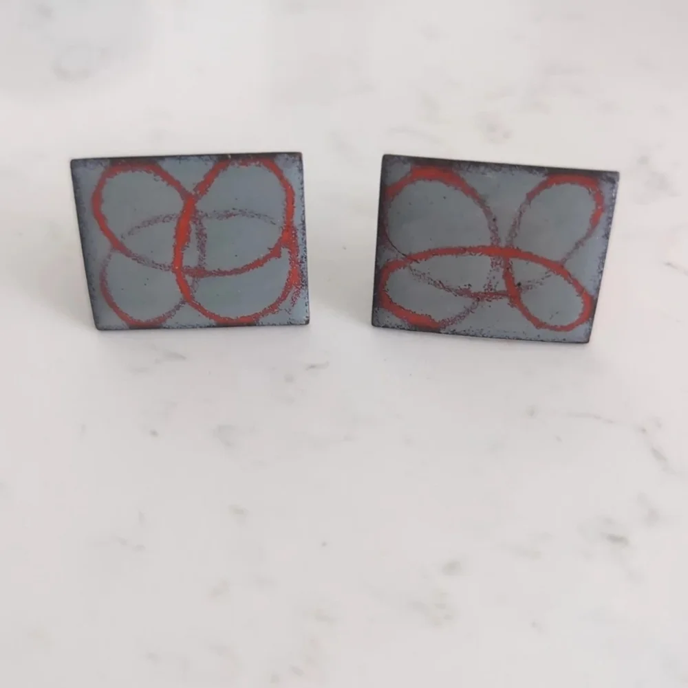 Vintage Mid Century Copper Enamel Cufflinks Abstract Modernist Signed RC